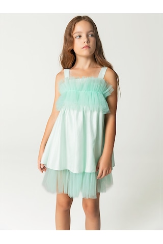 Sheshe Fırfır Göğüs Detaylı Askılı Kız Çocuk Elbise Renkli