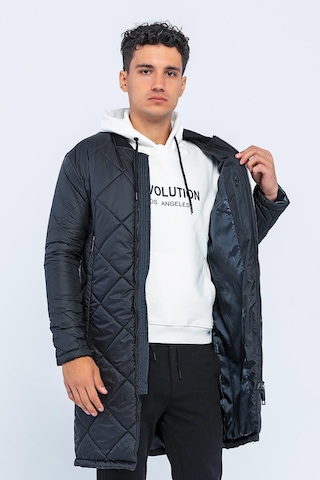 Kolej Yaka Fermuarları Çift Yönlü Kapitone Çok Cepli Uzun Erkek Mont Siyah