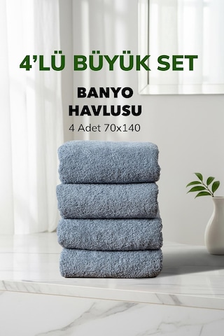 4 Lü Kareli Mavi Renk Yumuşak Pamuk Banyo Havlusu Seti 70x140 Cm