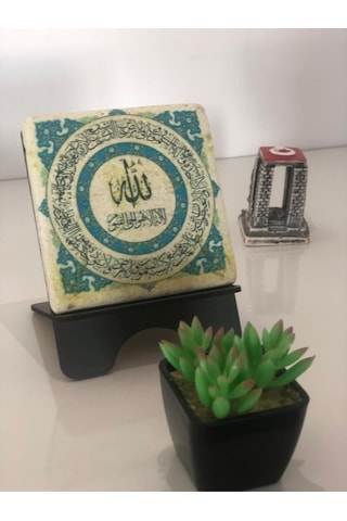 Ayetel Kürsi Tablo - Mermer Desenli Standlı Masa Üstü Dekorasyon - 10x10 Cm
