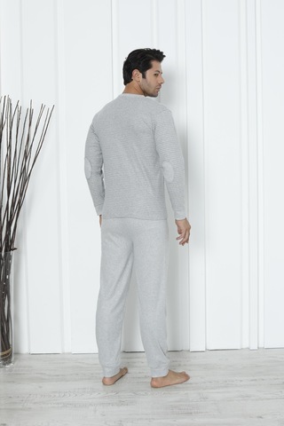 Falkom 5006 İnterlok Kalın Kışlık Çizgili Erkek Ev Pijama Takımı Gri