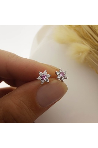 925 Ayar Gümüş Pembe Taşlı Minimal Lotus Küpe Gümüş