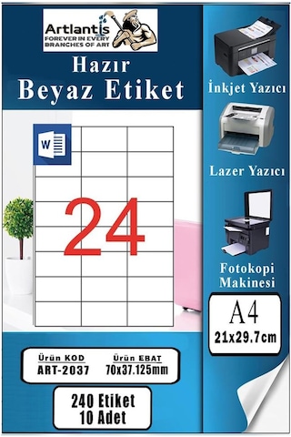A4 Hazır Etiket 70x37.12 Mm 10 Sayfa 1 Paket 24 Lü Kendinden Yapışkanlı Fotokopi Lazer İnkjet Kağıdı Yazıcılar İçin Uyumlu