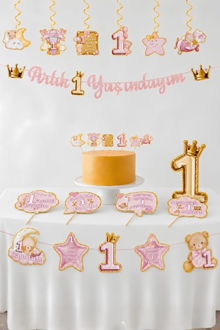 1 Yaş Kız Bebek Parti Seti Pembe Ayıcık Temalı Artık 1 Yaşındayım Doğum Günü Süsleri