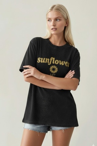 Technomonkey Sunflower Baskılı Yıkamalı Retro Unisex Tişört Siyah