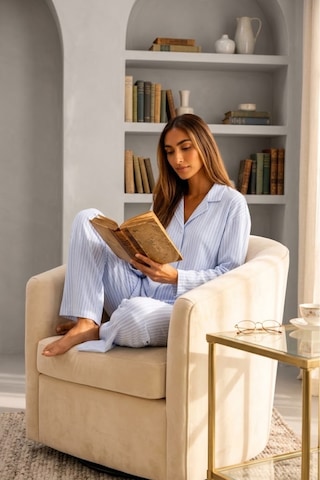 Womanandkids Mavi Kadın Önden Düğmeli Uzun Kollu Pijama Takımı