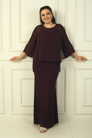 İçi İp Askılı Astarlı Uzun Sandy Elbise Arkası Düğmeli Boncuklu Şifon Bluz Büyük Beden 2'li Takım Mürdüm