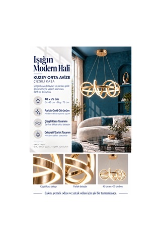 Kuzey Orta Modern Ledli Avize Çizgili 3 Renk Power Ledli Gold Kaplama Kumandalı Yatak Odası Salon Mutfak