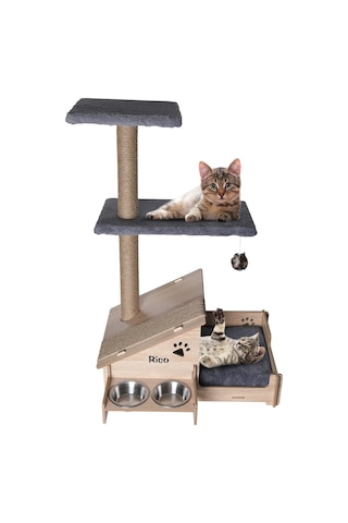 Çok Amaçlı Katlı Kedi Evi-isim Baskılı-ahşap Mdf-tırmalama Çubuklu-gri Minder-çelik Kase-2 350