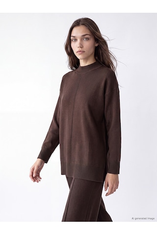 Lc Waikiki Lc Waıkıkı Kahverengi Yarım Balıkçı Yaka Kadın Oversize Triko Tunik