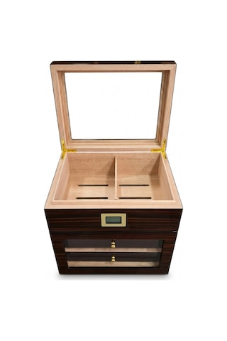 Premiumquality Vitacura 4 Çekmeceli İçi Ledli Kahverengi Sedir Humidor Puro Kutusu Tr9825
