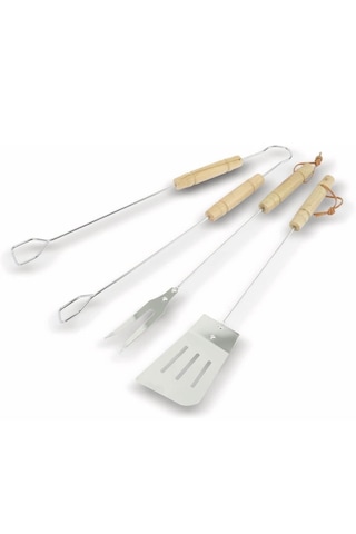 3'lü Set Ahşap Saplı Mangal Aksesuar Seti Maşa Spatula Çatal Krom