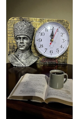 Atatürk Büstlü Dekoratif Duvar Saati Gold Eskitme