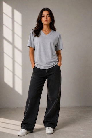 Alfanora Kadın V Yaka Basic Tişört Kısa Kol Yazlık Regular Fit T-shirt - Gri