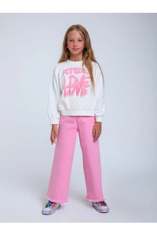 Kız Çocuk Love Yazılı Kapüşonlu Sweatshirt-14296 Ekru