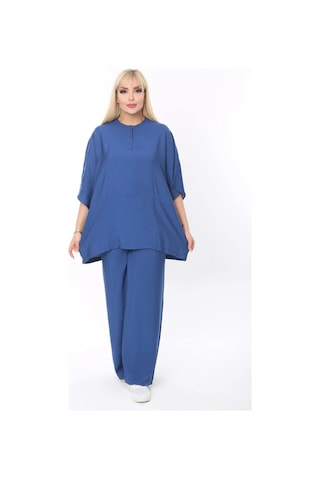 Mia Butik Büyük Beden Mavi Yuvarlak Yaka Salaş Takım Mavi