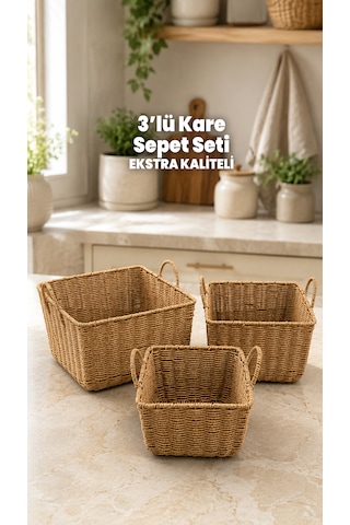 3 Adet Hasır Sepet Seti - Dekoratif Rattan Çelik Hasır Organizer Sepeti - Kulplu Sepet Seti - 3 Boy Kullanışlı Ve Dekoratif - Ekstra Kaliteli