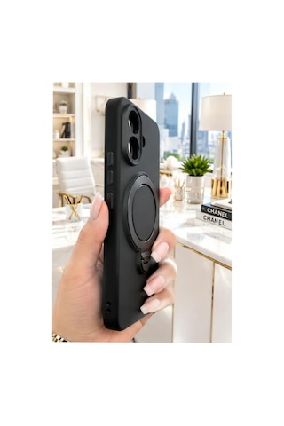 Poco X8 Pro İle Uyumlu 360 Derece Dönebilen Kalın Metal Magsafe Halka Stantlı İçi Kadife Korumalı Ultra Lüx Premium Silikon Kılıf Siyah