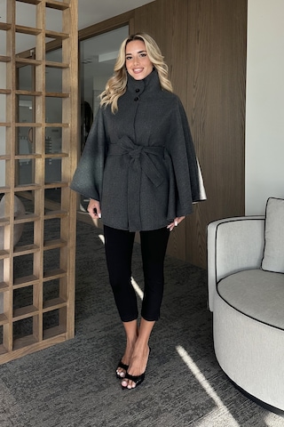 Antrasit Düğmeli Kuşaklı Kaşe Panço - 2055 Antrasit