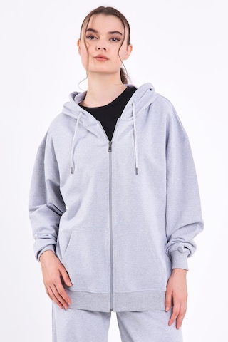 Comeor Gri Kanguru Cepli Kapüşonlu Fermuarlı Oversize Kadın Sweatshirt Cmrb73-gri Gri