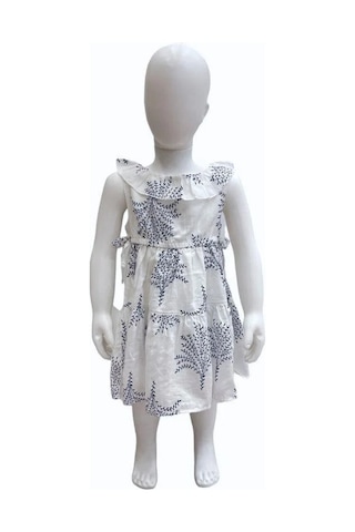 Çikoby Kız Bebek Çocuk Mavi Desenli Bel Lastikli Fırfırlı Elbise-13876 Beyaz