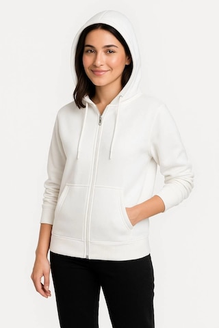 Primemagazam Kadın 3 İplik Kapüşonlu Tam Fermuarlı Kanguru Cepli Sweatshirt Hoodie - Beyaz Çeşitli