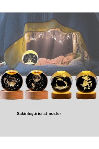 Led Işıklı Geyikli Kristal Küre Ahşap Standlı Modern Dekor Lamba -