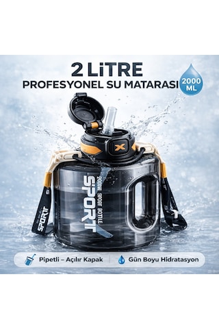 Polham 2 Litre Sporcu Su Matarası Pipetli Açılır Kapak,taşıma Askılı,sızdırmaz Tasarım, Bpa İçermez Siyah