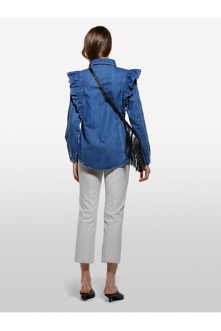 Sisley %100 Pamuk Fırfır Detaylı Denim Gömlek Kadın Haki Yeşili Gömlek - 325a53gelq09n