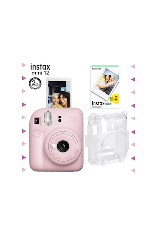 Fujifilm Instax Mini 12 Fotoğraf Makinesi + 20'li Film + Şeffaf Kılıf Seti Pembe