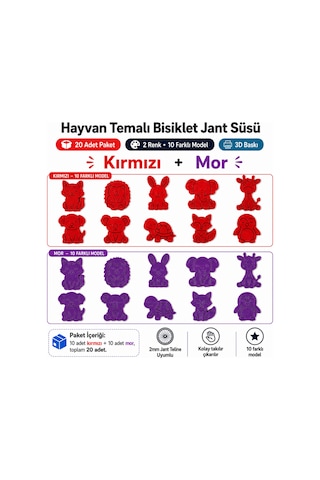 Hayvan Temalı Bisiklet Jant Süsü 20 Parça 2 Renk 10 Farklı Model Kırmızı-Mor