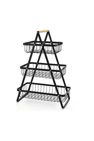 Geeroyoo Karbon Çelik Meyve Sepeti, 3 Katlı Siyah, Ahşap Saplı, Mutfak Ve Oturma Odası İçin Ekmek-meyve-atıştırmalık Depolama Sepeti Üç Katlı Siyah Meyve Kosusu