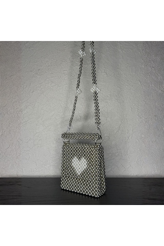 Khosia Amour El Yapımı İnci Kalp Motifli Metal Boncuk Omuz Çantası Gümüş