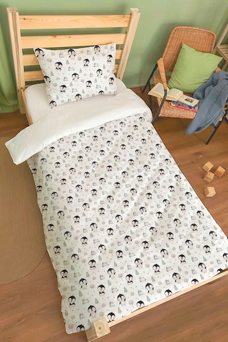 Organik Tek Kişilik Nevresim Takımı 160x220 - Kutup Dostları Penguenler Renkli