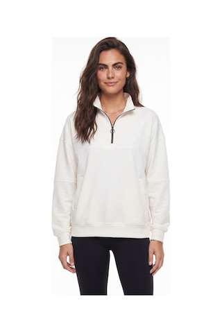 Onloox Kadın Ekru Ekru Pamuklu Dik Yaka Oversize Yarım Fermuarlı Cep Detaylı Sweatshirt
