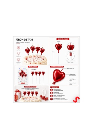 Çubuklu Metalik Kırmızı Kalp Mum - 13 Cm X 4 Adet