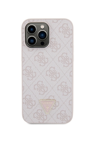 Apple Uyumlu iPhone 14 Pro Max Kılıf Guess Lisanslı Pu Deri Taşlı Metal Üçgen Logolu Çapraz Vücut Askılı Pembe
