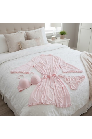 Bonbon Kadın Çeyizlik Ve Bohçalık Tül Transparan Mor Renk Sütyen, Slip Ve Sabahlık 3 Lü Paket Bb2685 Pembe