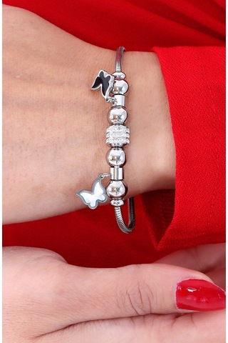 Kadın Taşlı Kelebek Çelik Bileklik Altın Kaplama Gümüş Renk Altın