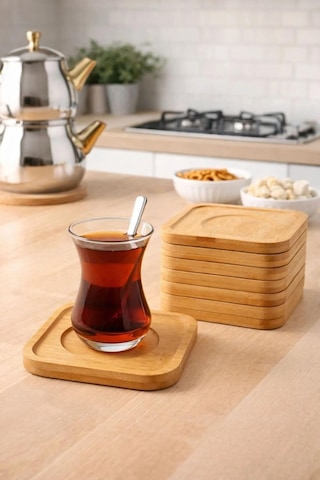 Bambu 6 Adet Kare Çay Bardağı Tabağı