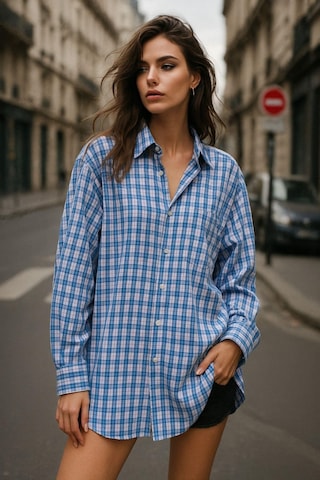 Kadın Mavi Beyaz Oversize Ekoseli Gömlek Over Fit Relaxed Gömlek Çok Renkli