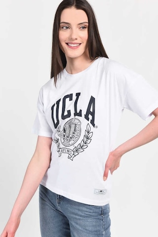 Ucla Avalon Beyaz Bisiklet Yaka Baskılı Oversize Kadın Tshirt Beyaz
