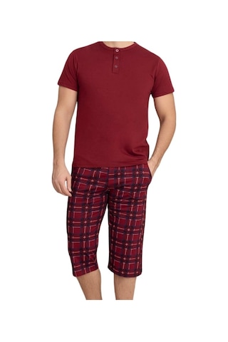 Erkek Bisiklet Yaka 3 Düğmeli Ekose Desen Modal Kısa Kol Cepli Kapri Pijama Takımı Bordo