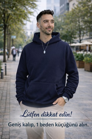 Luxıc Core Erkek Oversize Kapüşonlu Sweatshirt Lacivert Geniş Kalıp, Rahat Fit, Günlük Kullanım