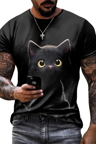 Efnaz Style Erkek Bisiklet Yaka Kedi Baskılı Süprem T-shirt Siyah
