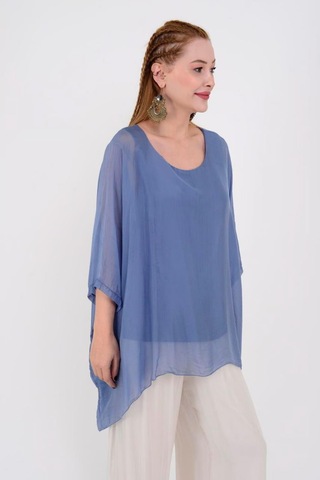 İtalyan Yarasa Kol İpek Bluz-8869 İndigo Mavi