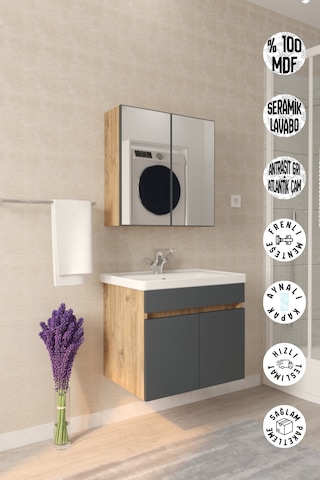 Makbulce Tokyo 65cm Seramik Lavabolu Mdf Aynalı Banyo Dolabı Atlantik Çam - Antrasit Gri