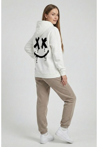 Nevermind Unisex Smile Baskılı Sevgili Kombini Oversize Hoodie Seti Siyah - Beyaz