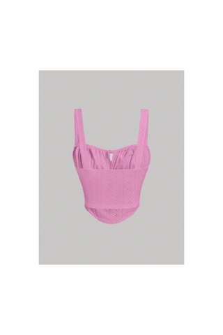 Meren Like Your Style Pembe Nakış Desenli Göğüs Dekolteli Geniş Askılı Üst Crop Pembe