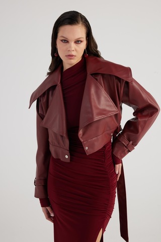 Holly Lolly Crop Model Astarlı Kemerli Neeko Deri Ceket Bordo